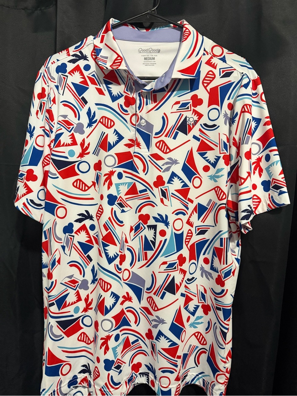 GoodGood Men’s Abstract Print Polo in White with Red & Blue